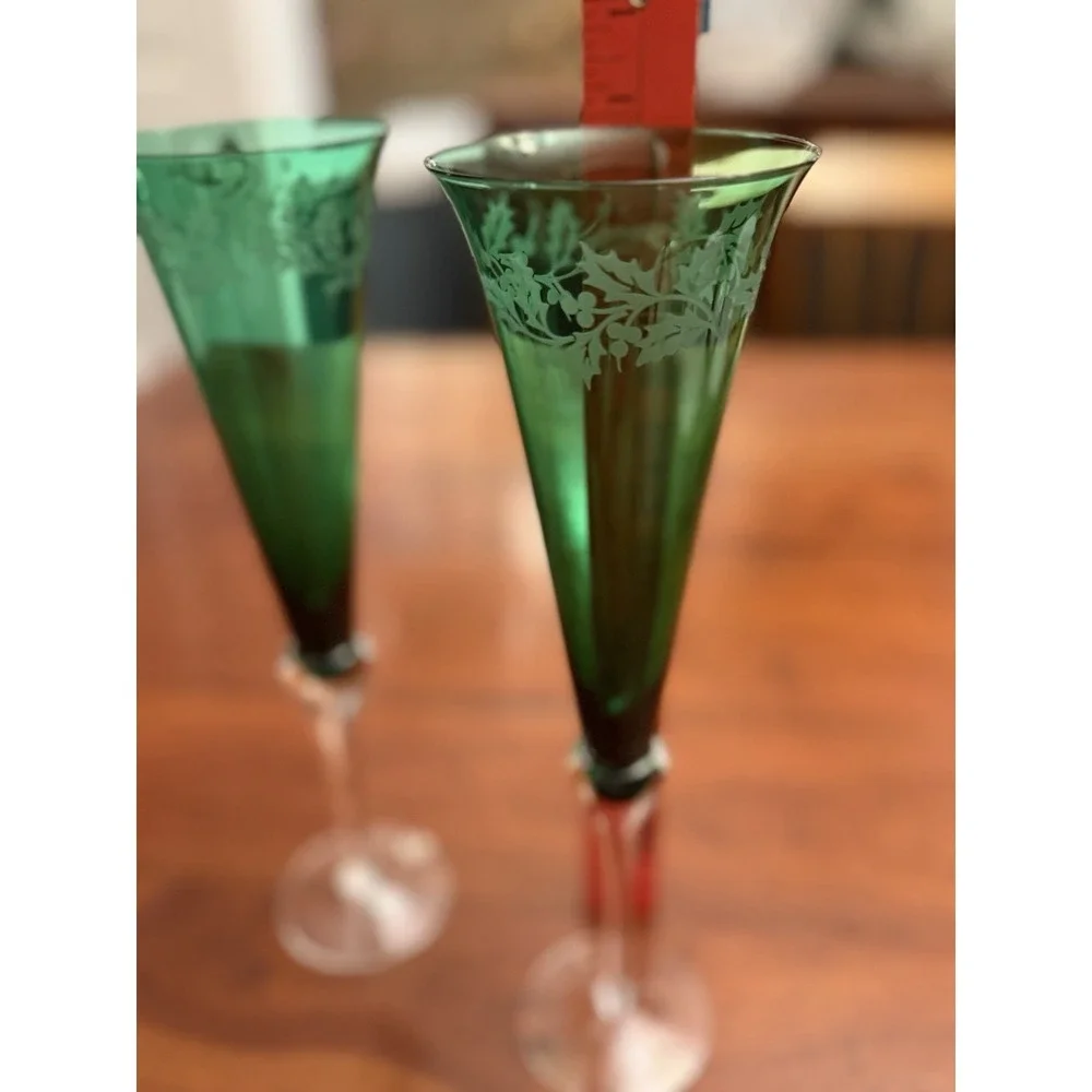 Pair of Vintage Lenox‎ Holiday Gems Emerald Green Champagne Flutes - Set of 2